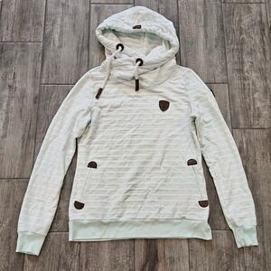 Wanakome Cowl Neck Hoodie Size L Mint Green Striped Leather Patch Pullover